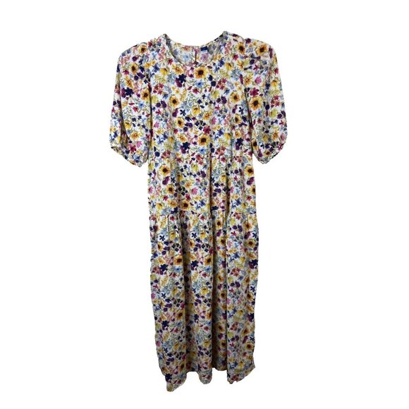 Old Navy Womens Dress Sz M Wildflower Floral Puff Midi Tiered Swing cottagecore - Picture 2 of 13